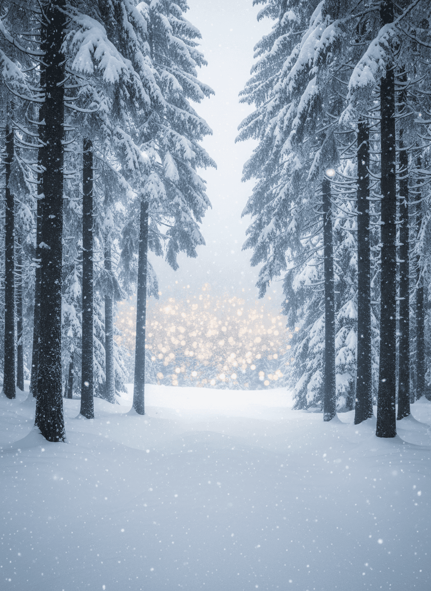 눈 덮인 숲과 멀리 반짝이는 불빛이 있는 크리스마스 배경.