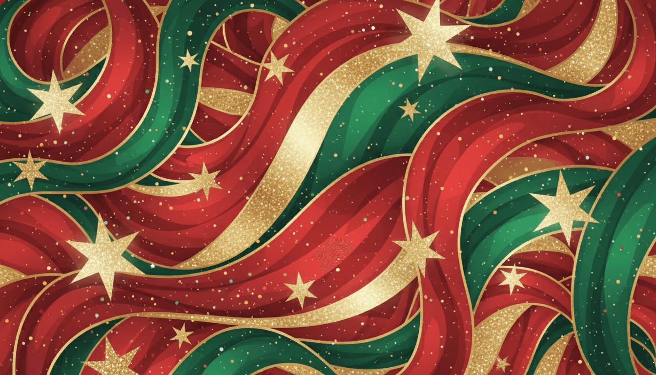 소용돌이치는 빨간색, 녹색, 금색 패턴과 반짝이가 있는 추상적인 크리스마스 배경.