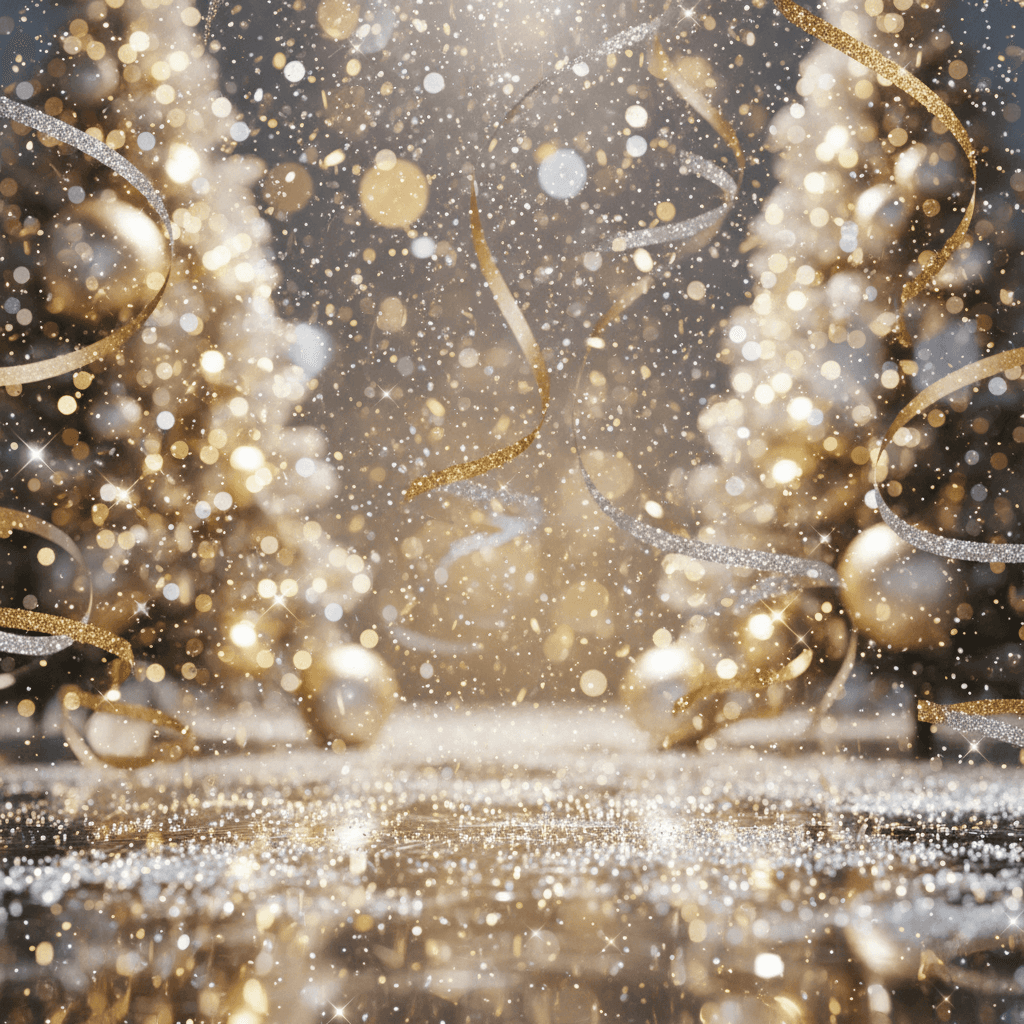 금색과 은색 악센트와 보케 조명이 있는 반짝이는 크리스마스 배경입니다.