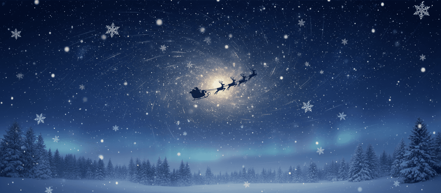 순록 썰매 실루엣과 떨어지는 눈송이가 있는 마법 같은 별이 빛나는 밤 크리스마스 배경입니다.