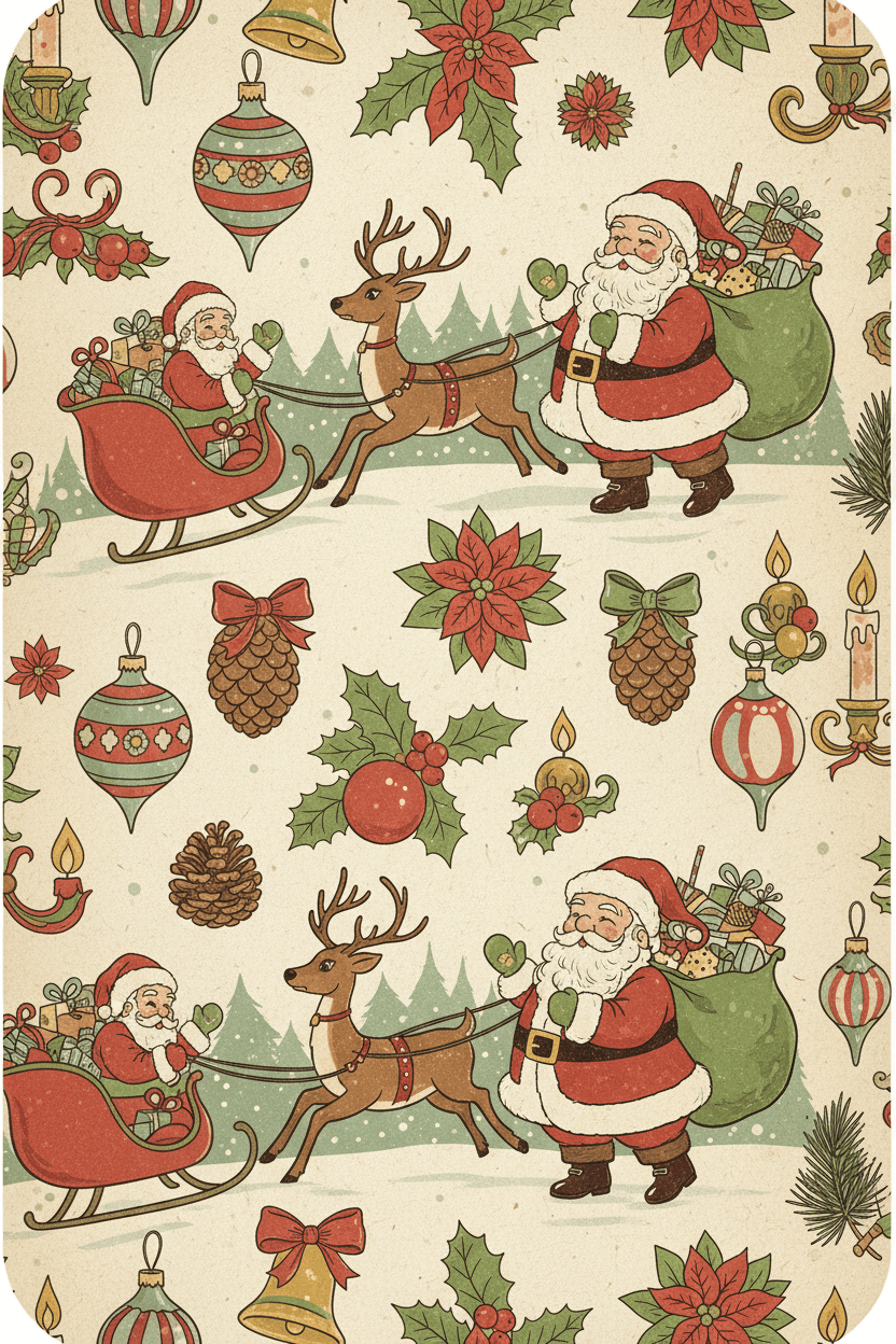 고전적인 삽화와 구식 장식이 있는 빈티지 레트로 크리스마스 배경입니다.