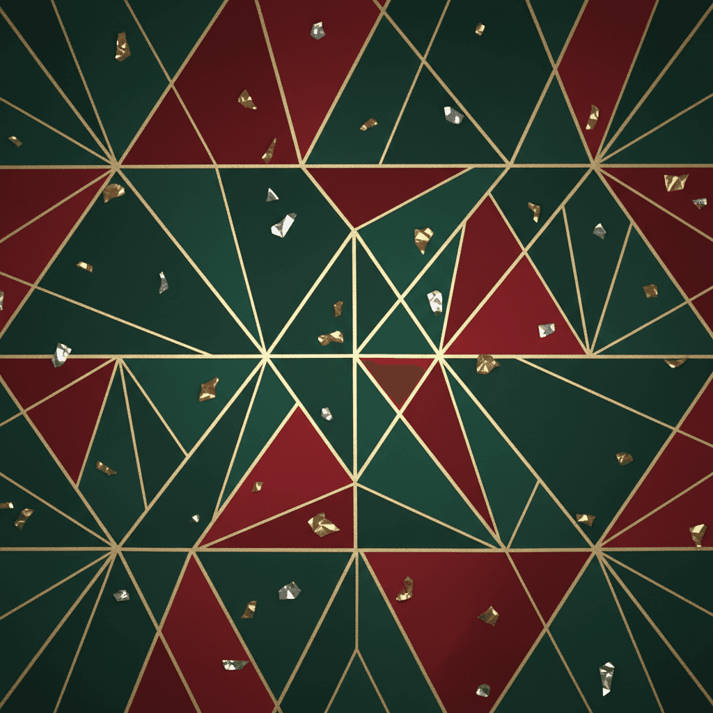 에메랄드 그린과 루비 레드의 축제 색상으로 구성된 현대적인 기하학적 크리스마스 배경, 은은한 금속 액센트가 특징.