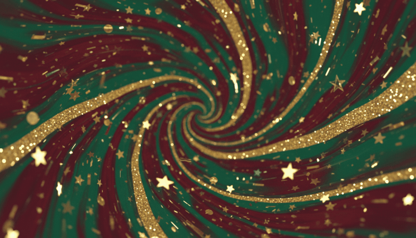 빨강, 초록, 금색의 반짝이와 색종이 조각이 소용돌이치는 추상적인 크리스마스 배경.