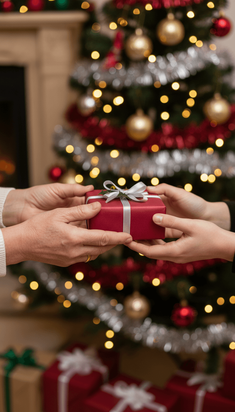장식된 크리스마스 트리를 배경으로 크리스마스 선물을 교환하는 손의 클로즈업.