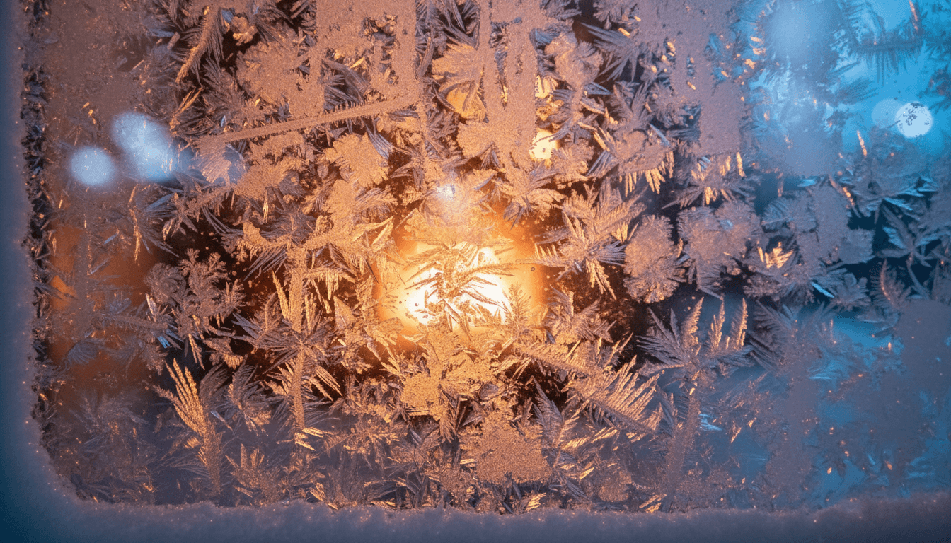 창문에 서리 낀 패턴이 있는 얼음처럼 반짝이는 크리스마스 배경.