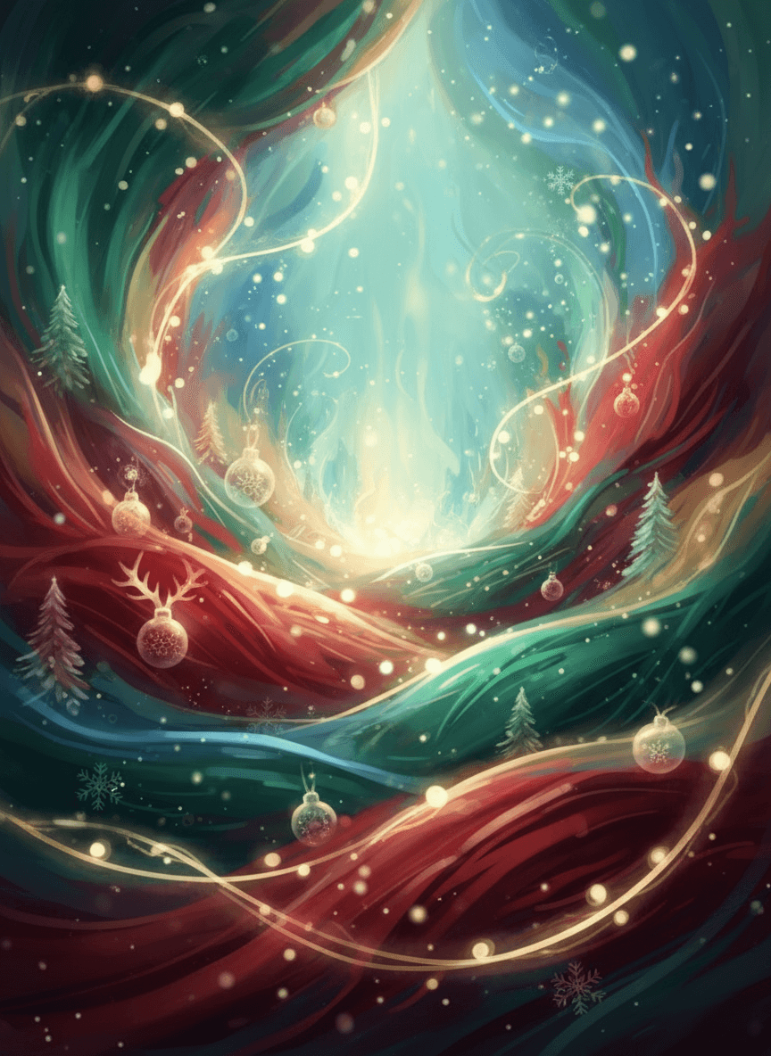 소용돌이치는 축제 색상과 영묘한 빛 효과가 있는 추상적인 크리스마스 배경입니다.