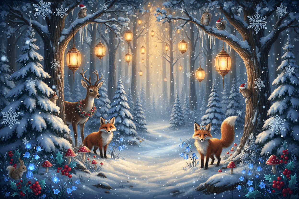 다정한 동물들과 빛나는 등불이 있는 마법 같은 숲 크리스마스 배경입니다.