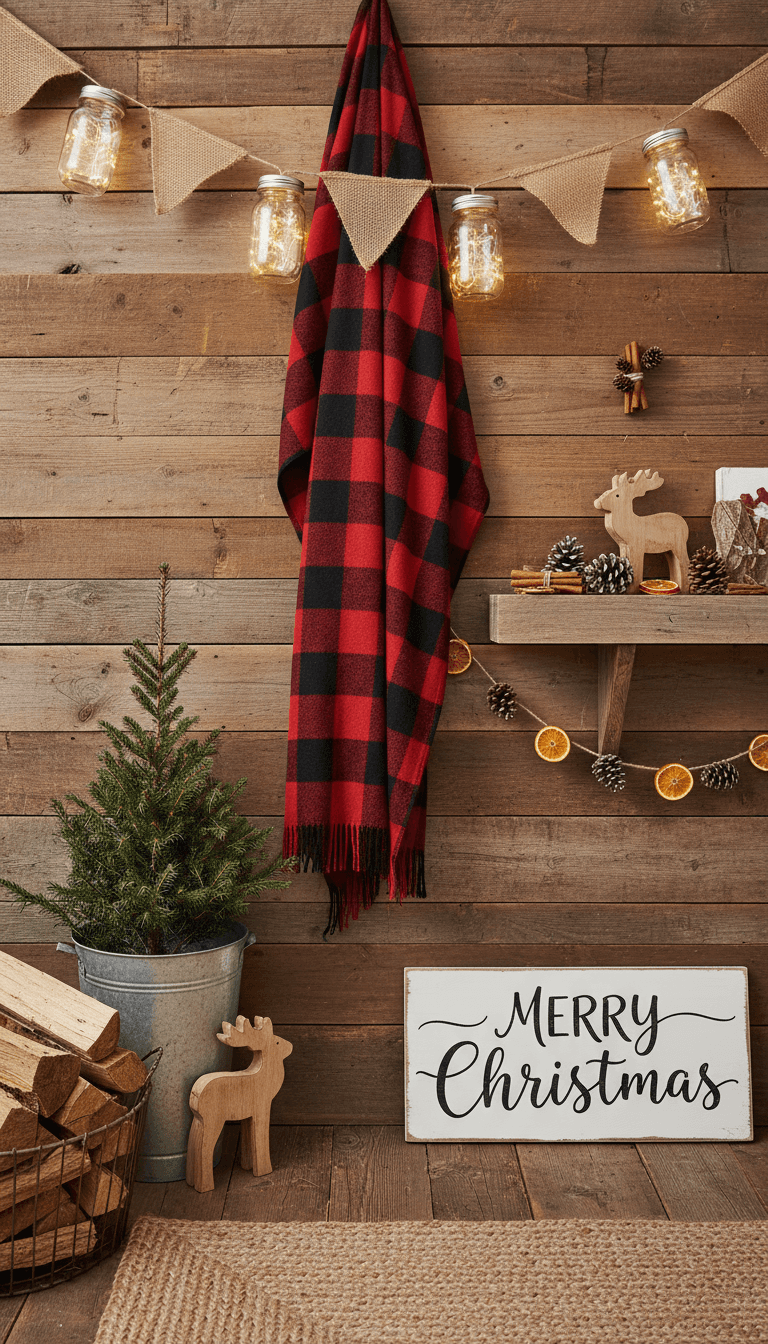 나무 질감, 황마, 컨트리 스타일 장식이 있는 소박한 농가 크리스마스 배경입니다.