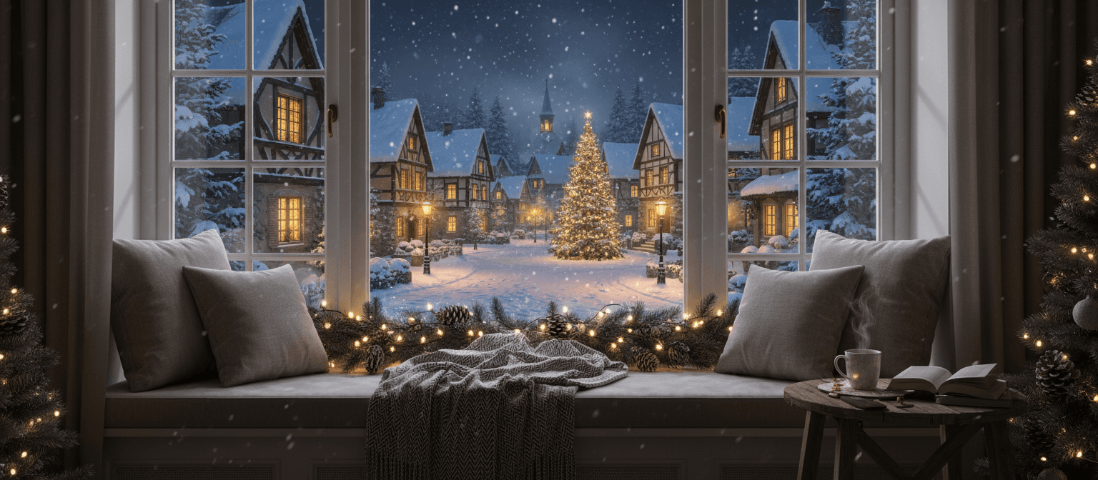 따뜻한 창문 밖으로 눈 내리는 마을 풍경이 보이는 평화로운 크리스마스 배경입니다.