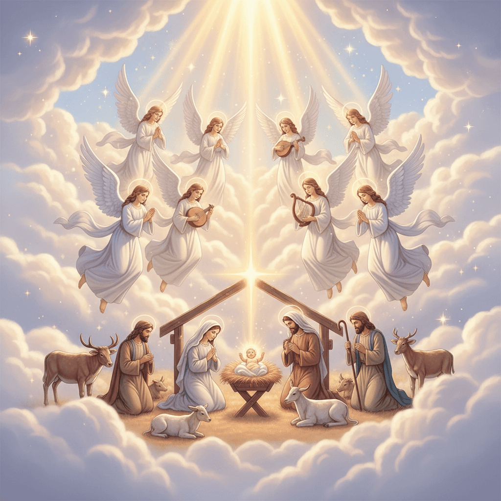 평화로운 탄생 장면이나 천사들이 있는 천상의 크리스마스 배경입니다.