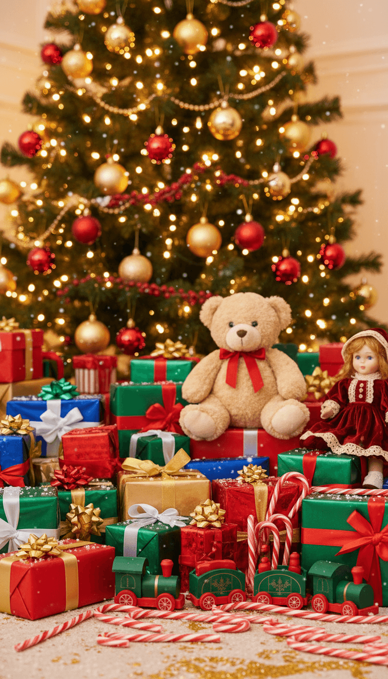 다채로운 포장 선물과 고전적인 장난감이 있는 즐거운 크리스마스 배경입니다.
