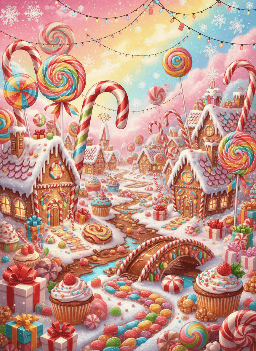 진저브레드 하우스와 달콤한 간식들이 있는 기발한 캔디랜드 크리스마스 배경입니다.