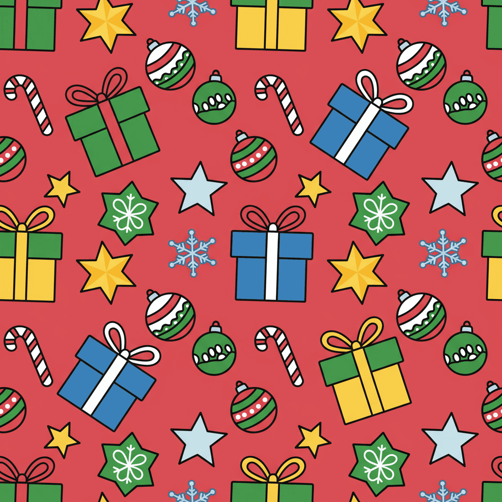 선물, 별, 사탕 지팡이와 같은 다양한 크리스마스 요소가 빨간색 배경에 반복되는 유쾌한 벡터 아트 패턴.