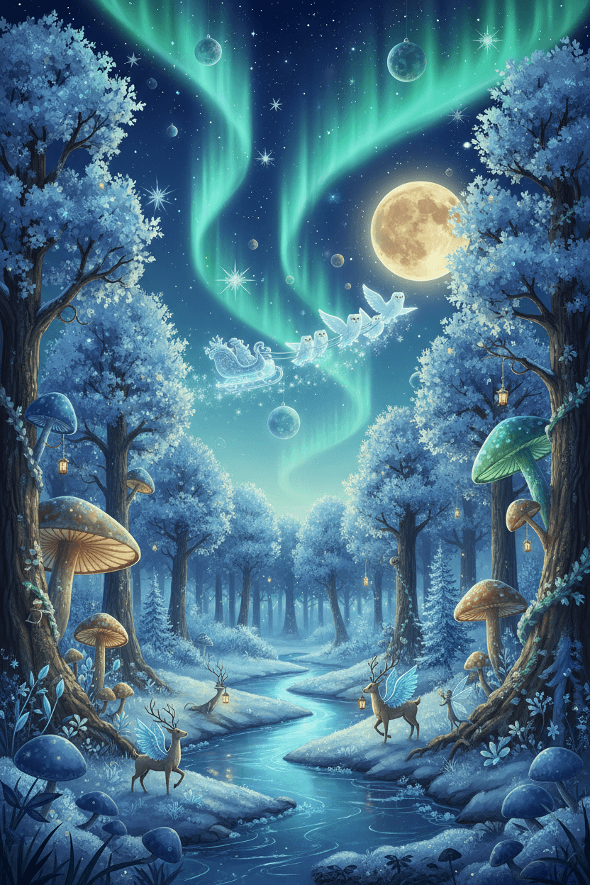 마법에 걸린 숲과 마법 생물들이 있는 환상적인 크리스마스 배경입니다.