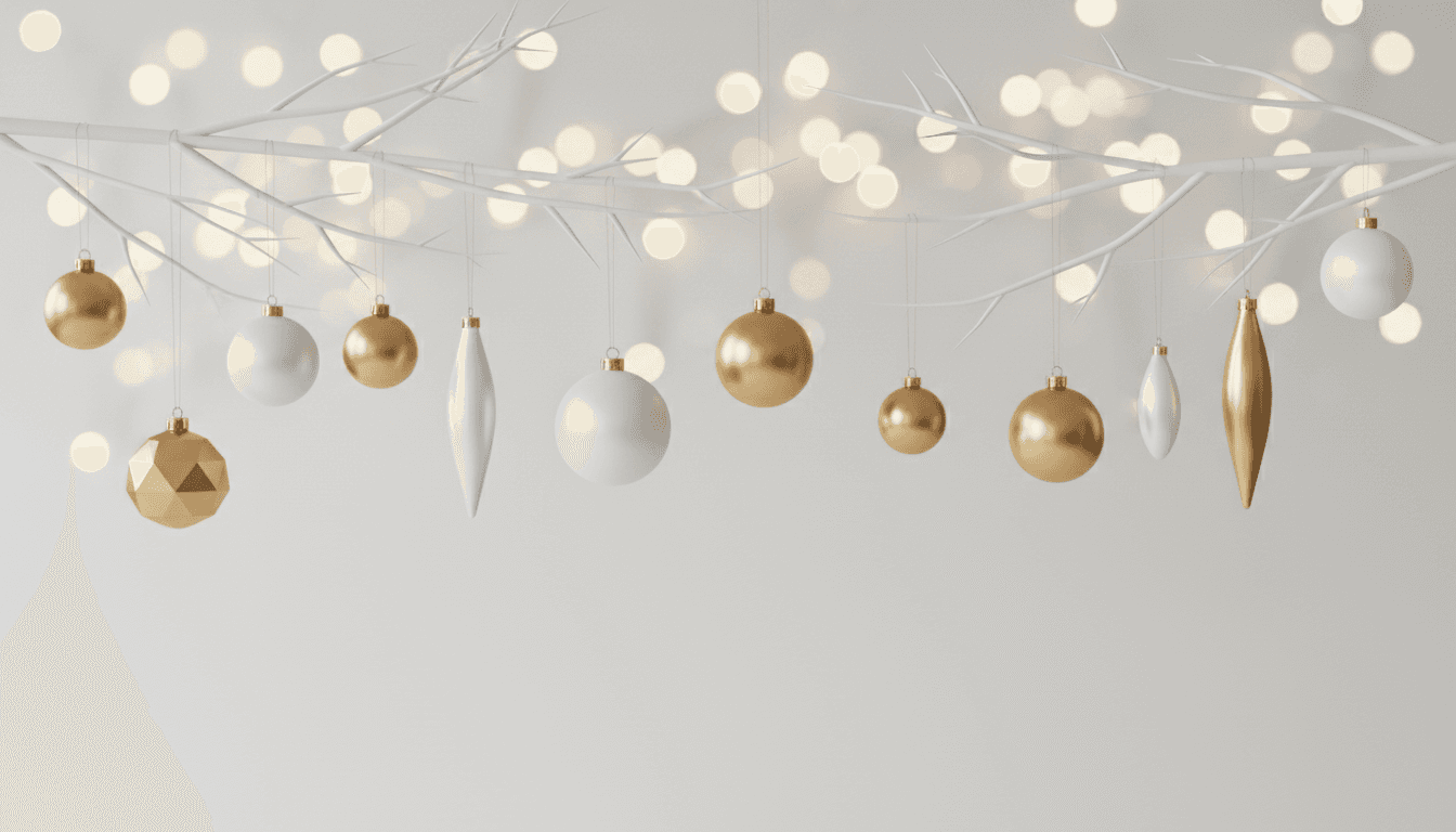 깔끔하고 흐릿한 보케 조명 배경에 섬세한 가지에 걸린 우아한 금색과 흰색 장식이 있는 미니멀한 크리스마스 배경.