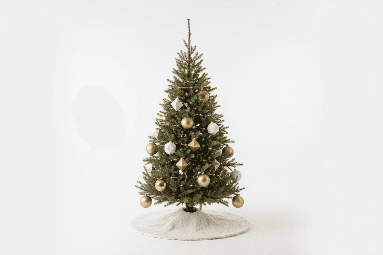 깨끗한 흰색 배경에 간단한 장식과 따뜻한 흰색 조명으로 우아하게 장식된 미니멀한 크리스마스 트리.