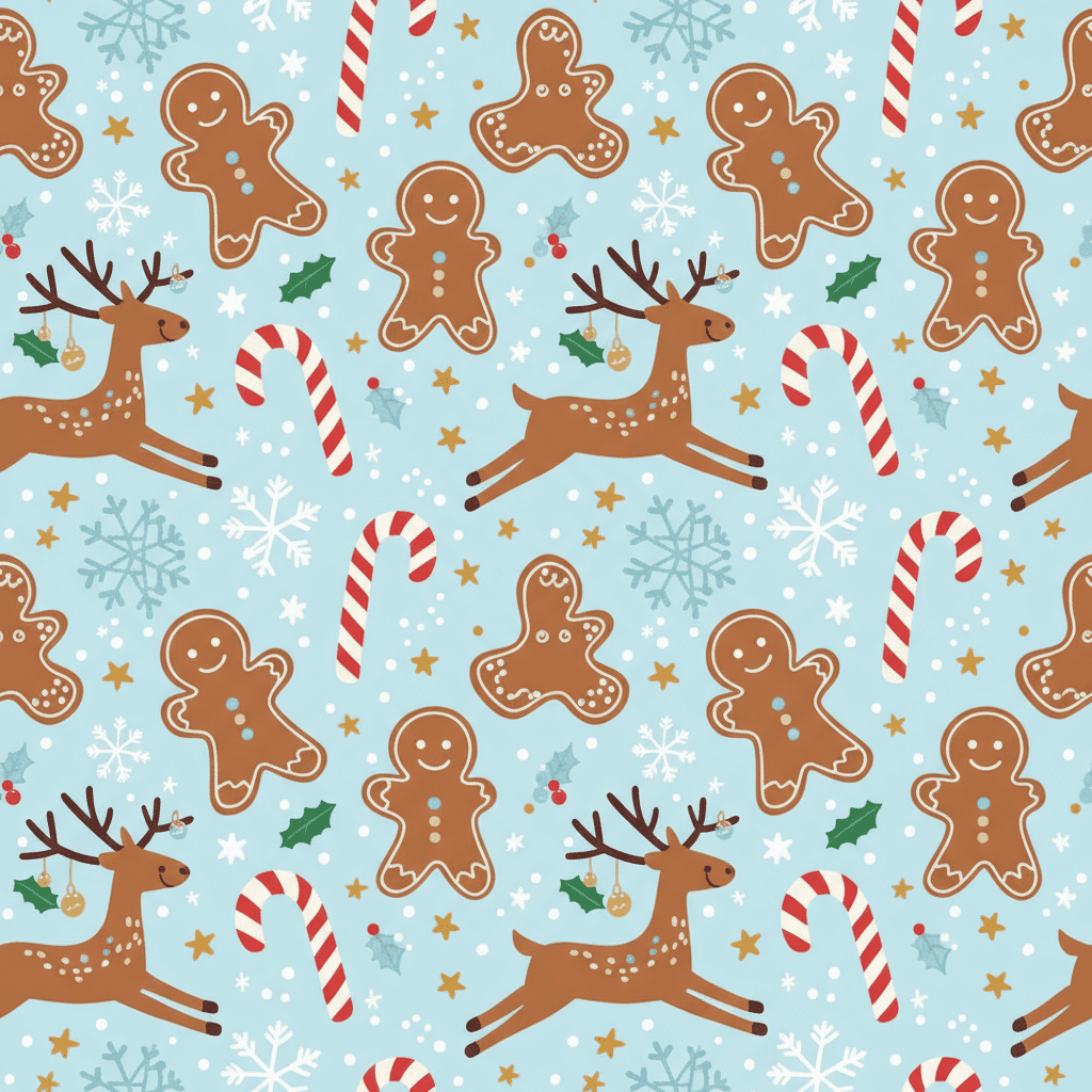 진저브레드맨, 사탕 지팡이, 눈송이가 있는 장난기 넘치는 크리스마스 패턴 배경.