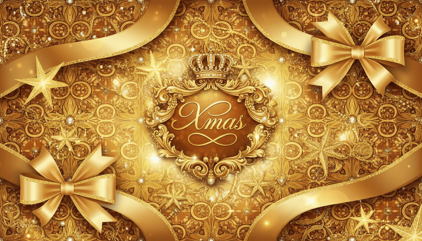 바로크 양식의 패턴, 리본, 별이 있는 웅장한 황금색 크리스마스 배경.