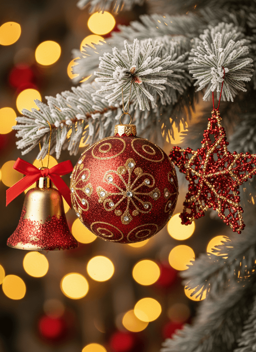 붉은색과 금색의 반짝이는 크리스마스 장식품이 소나무 가지에 매달려 있고, 배경에는 흐릿한 따뜻한 전구 불빛이 보입니다.