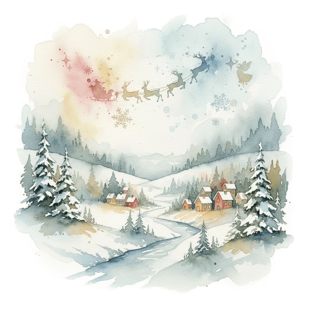 부드러운 붓놀림과 눈 덮인 풍경이 있는 수채화 그림 스타일 크리스마스 배경입니다.