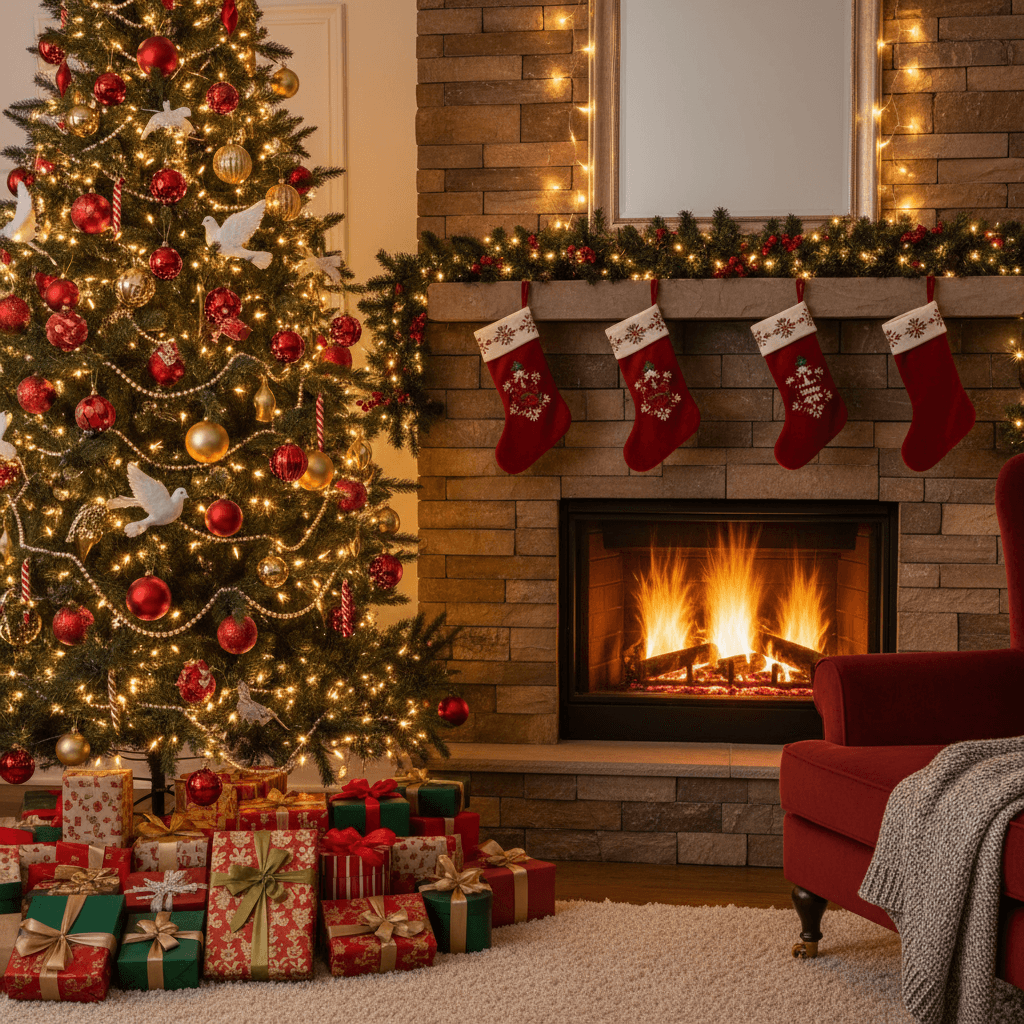장식된 나무, 벽난로, 선물들이 있는 고전적인 크리스마스 배경입니다.