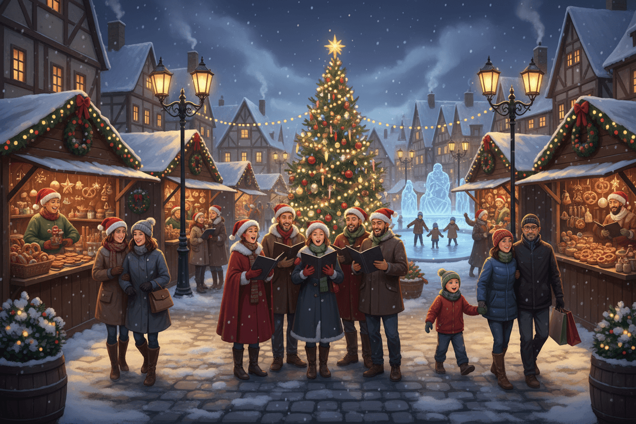 해질녘 활기찬 야외 크리스마스 시장, 빛나는 상점, 즐거운 캐럴 가수, 겨울옷을 입은 사람들로 가득한 축제 일러스트.
