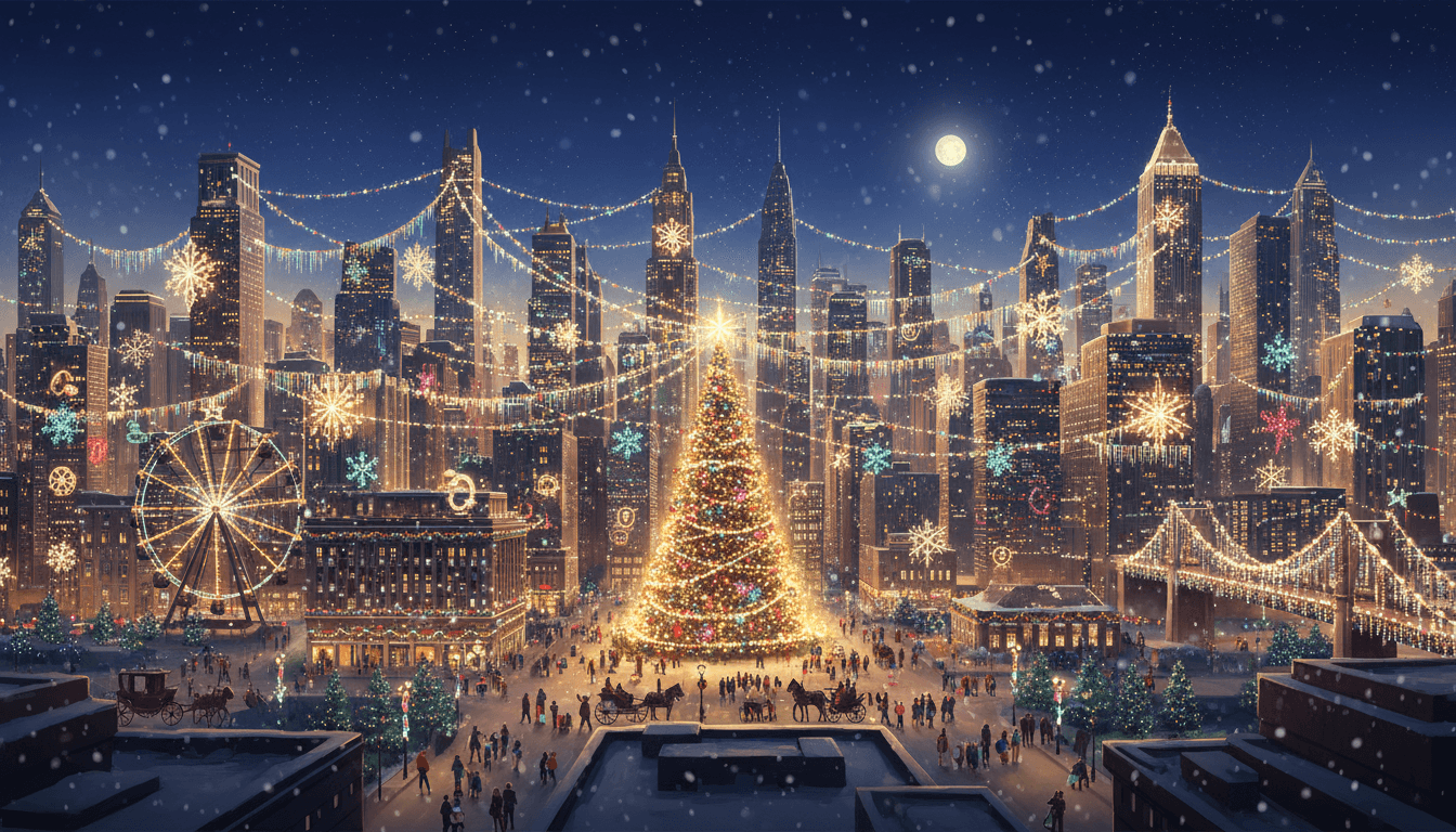 휴일 장식으로 변모한 분주한 도시 스카이라인, 건물에 드리워진 줄 조명, 중앙 광장에 거대한 조명 크리스마스 트리가 있는 상세한 파노라마 크리스마스 일러스트.