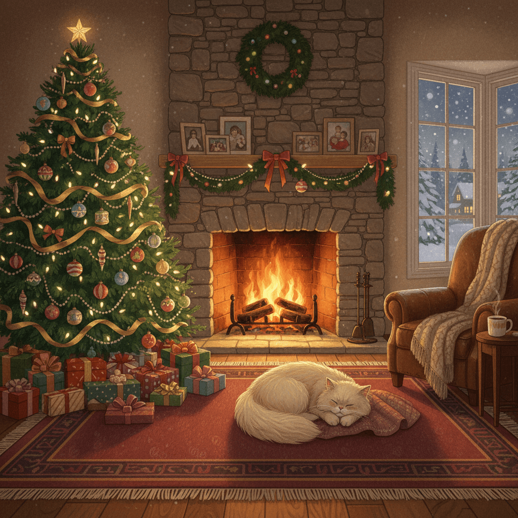 벽난로, 크리스마스 트리, 낮잠 자는 고양이가 있는 아늑한 크리스마스 거실 일러스트.