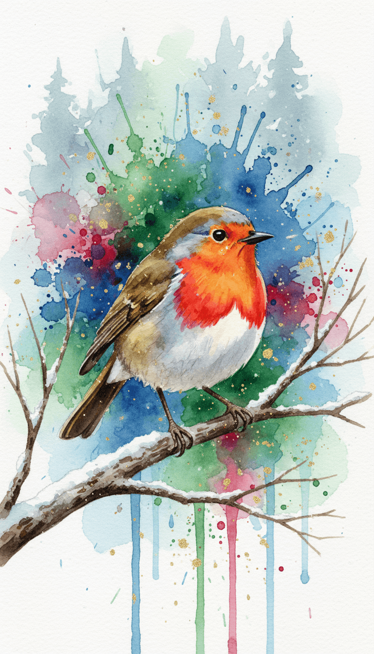 빨간 물감이 튀는 현대적인 수채화 스플래시 아트 크리스마스 일러스트. 앙상한 나뭇가지에 앉은 선명한 빨간 울새와 다채로운 페인트 얼룩, 은은한 반짝이가 어우러짐.