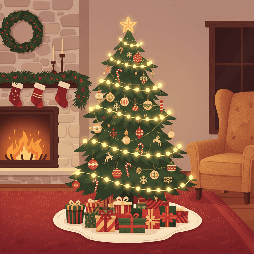 화려하게 장식된 크리스마스 트리와 선물들이 놓인 아늑한 거실의 디테일한 벡터 아트 일러스트.