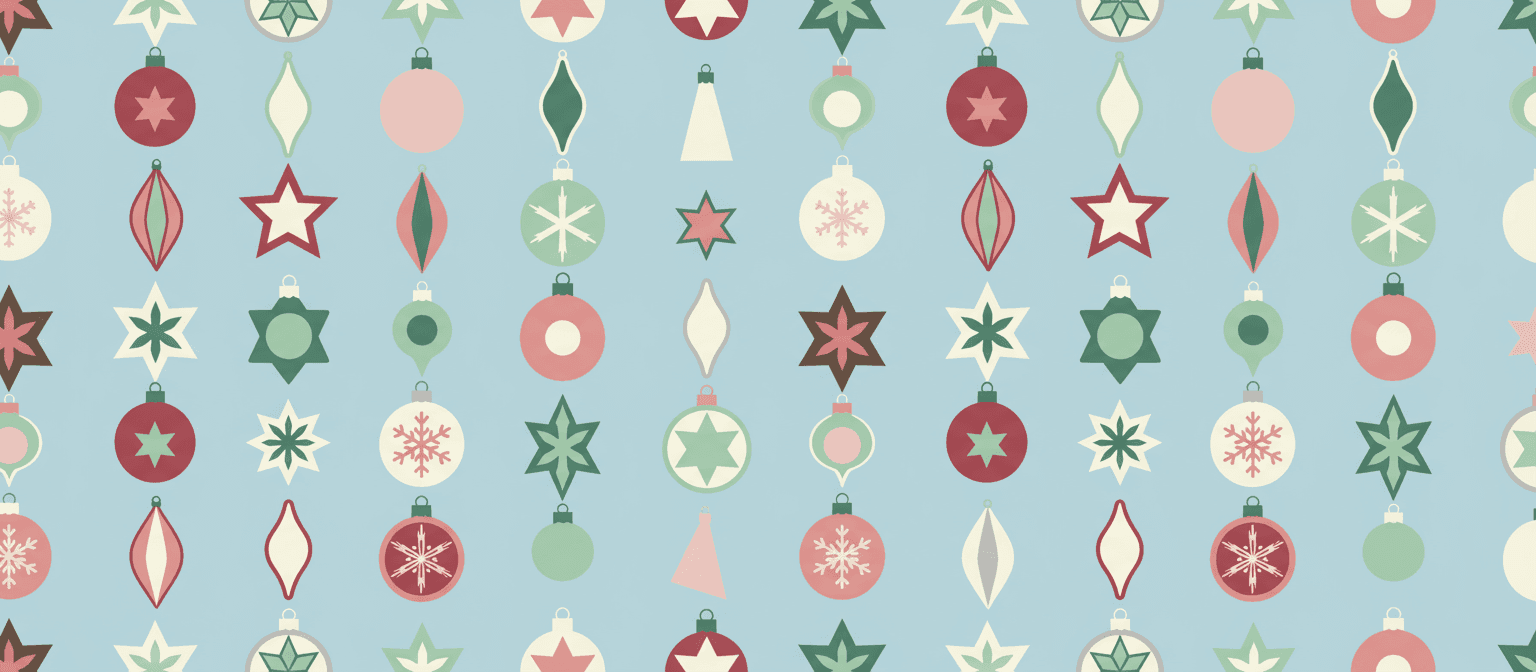 파스텔 블루 배경에 다양한 장식과 눈송이가 반복되는 매끄러운 패턴으로 배열된 세련된 플랫 디자인 크리스마스 일러스트.