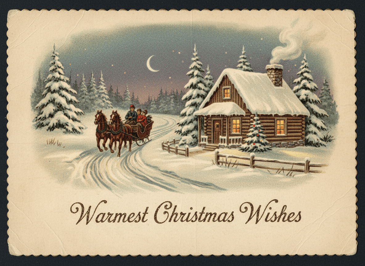 눈 덮인 길을 달리는 말 썰매와 굴뚝에서 연기 나는 오두막이 있는 빈티지 크리스마스 엽서 일러스트.