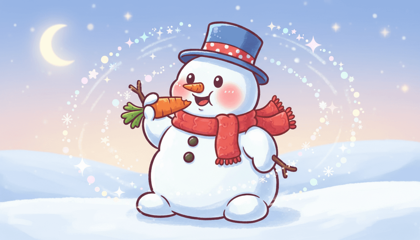 통통한 눈사람이 당근 코를 행복하게 먹고 있는 귀여운 치비 스타일 크리스마스 일러스트.