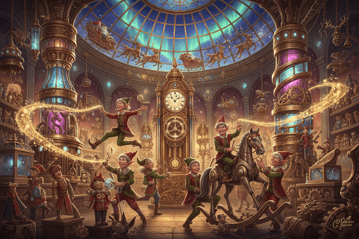 산타의 마법 작업장에서 장난감들을 준비하는 장난기 넘치는 엘프들의 모습이 담긴 환상적인 크리스마스 일러스트.