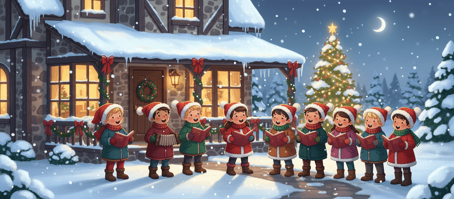 눈 덮인 집 앞에서 캐럴을 부르는 즐거운 아이들과 눈이 내리는 크리스마스 디지털 일러스트.