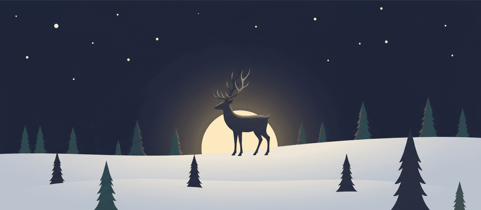 별이 빛나는 밤, 눈 덮인 숲 속의 스타일리시한 순록 실루엣이 있는 미니멀한 크리스마스 일러스트.