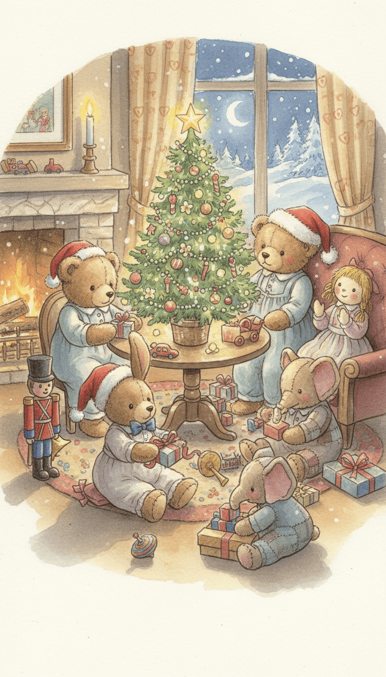 크리스마스 이브에 살아 움직이는 곰 인형과 장난감들의 매력적인 일러스트.