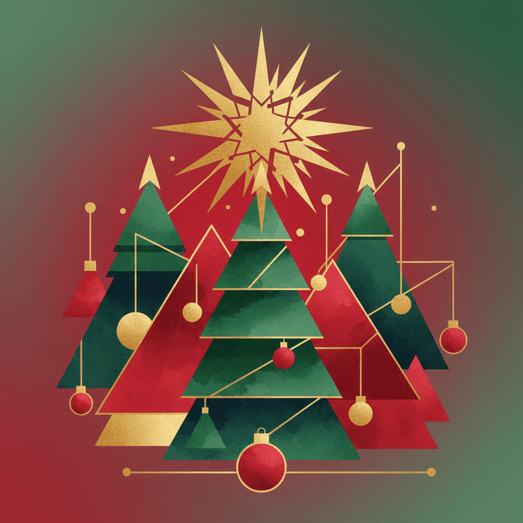별과 트리 모양의 기하학적 도형으로 구성된 현대적인 추상 크리스마스 일러스트.
