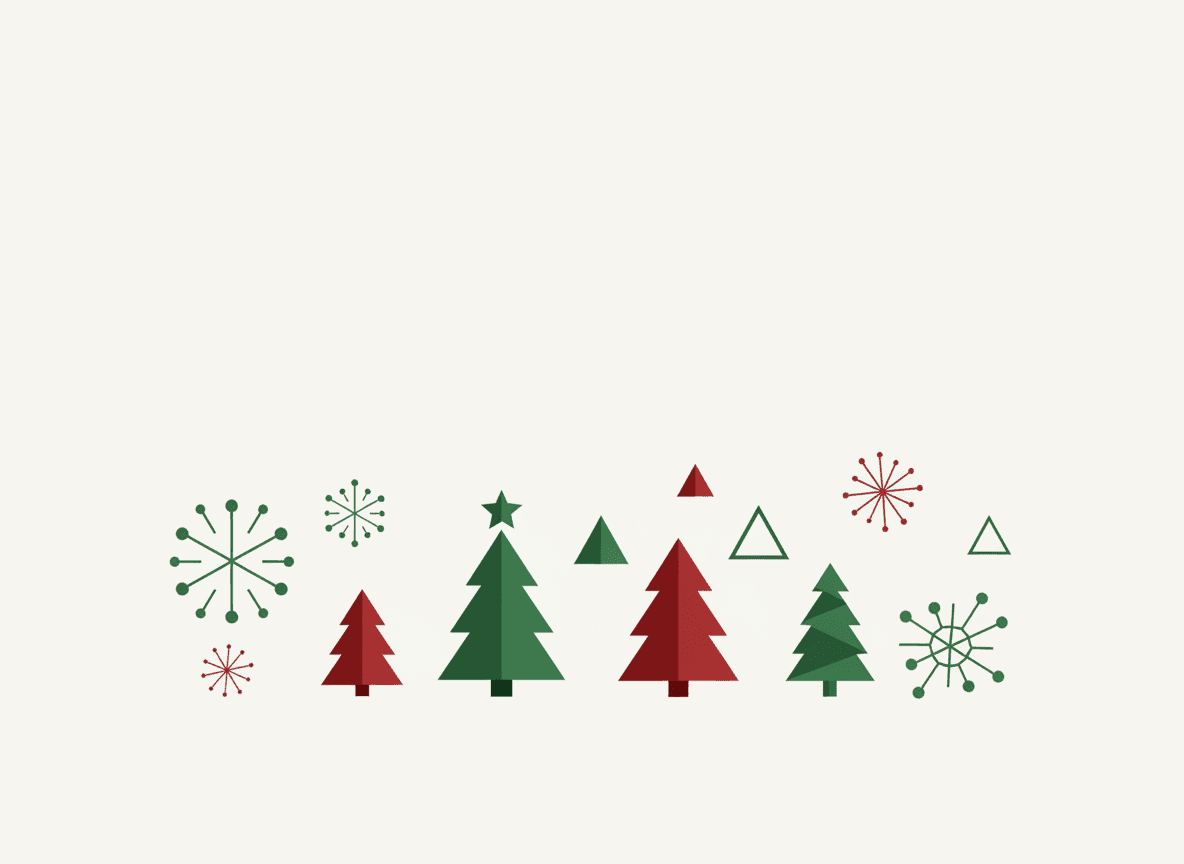 기하학적 크리스마스 트리와 눈송이를 특징으로 하는 현대적인 미니멀리스트 일러스트.