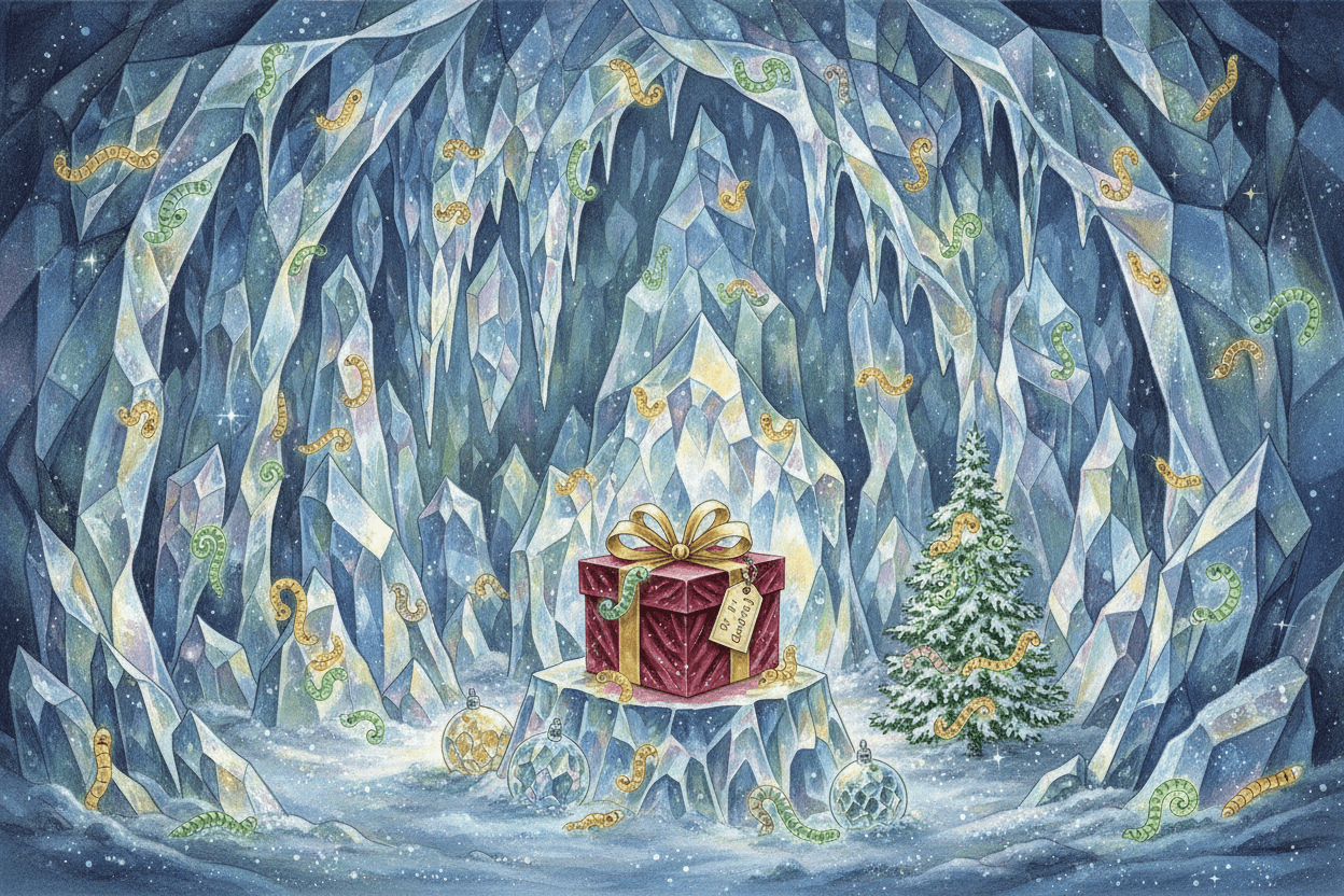 빛나는 얼음과 반딧불이가 숨겨진 크리스마스 선물을 비추는 환상적인 크리스탈 동굴 일러스트.
