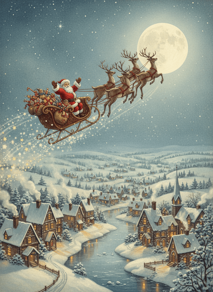 산타클로스가 눈 덮인 마을 위로 썰매를 타고 날아가는 모습, 집들의 따뜻한 불빛과 보름달이 있는 고전적인 크리스마스 일러스트.