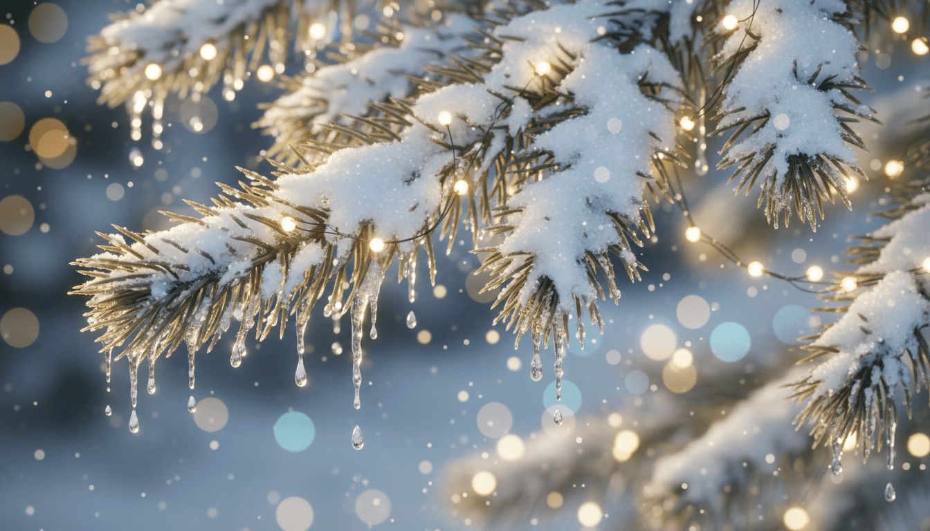 갓 내린 눈이 쌓인 소나무 가지에 요정 조명과 녹는 고드름이 달린 사실적인 크리스마스 일러스트.