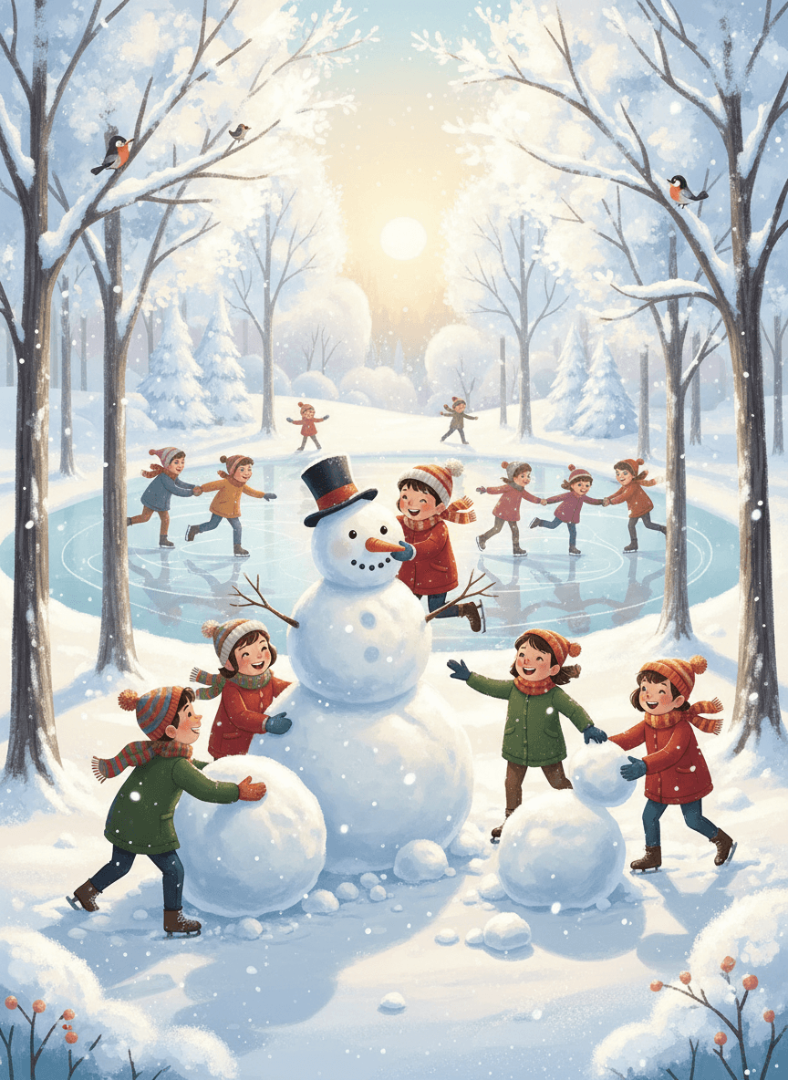 눈 덮인 공원에서 눈사람을 만들고 스케이트를 타는 아이들 일러스트.