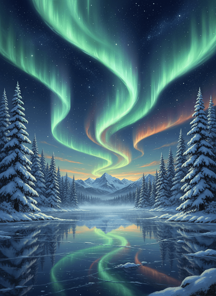 얼어붙은 호수와 오로라가 있는 환상적인 겨울 왕국 일러스트.