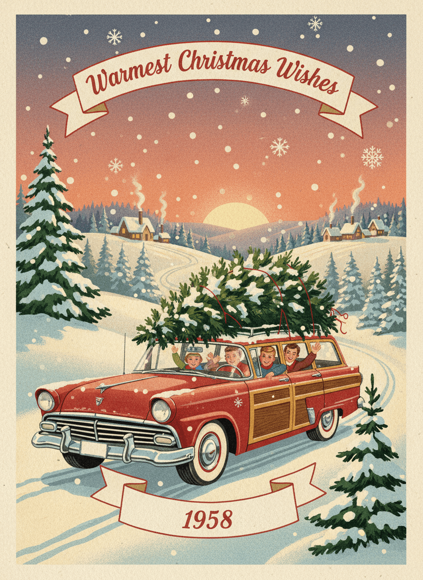 1950년대 빈티지 크리스마스 카드 스타일의 눈 덮인 풍경 속 가족 차 일러스트.