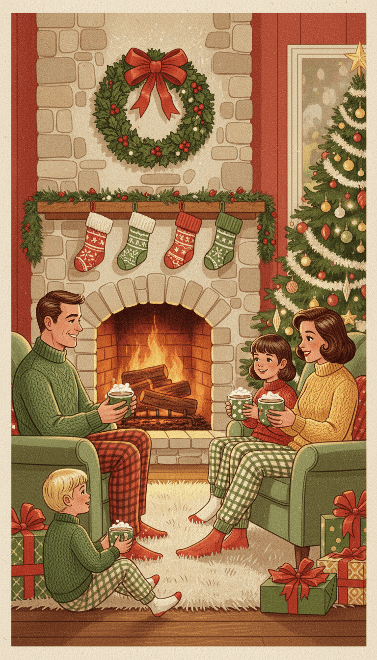 벽난로 앞에 모여 코코아를 마시는 가족들의 레트로풍 크리스마스 일러스트.