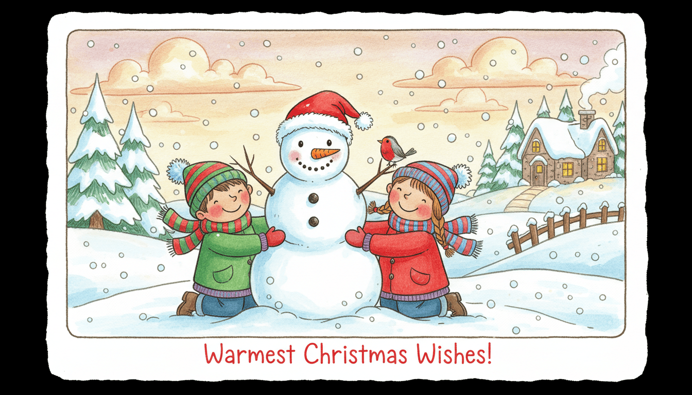산타 모자를 쓴 눈사람을 만드는 웃는 아이들, 그리고 그 팔에 앉아있는 참새가 있는 사랑스러운 크리스마스 카드 일러스트.