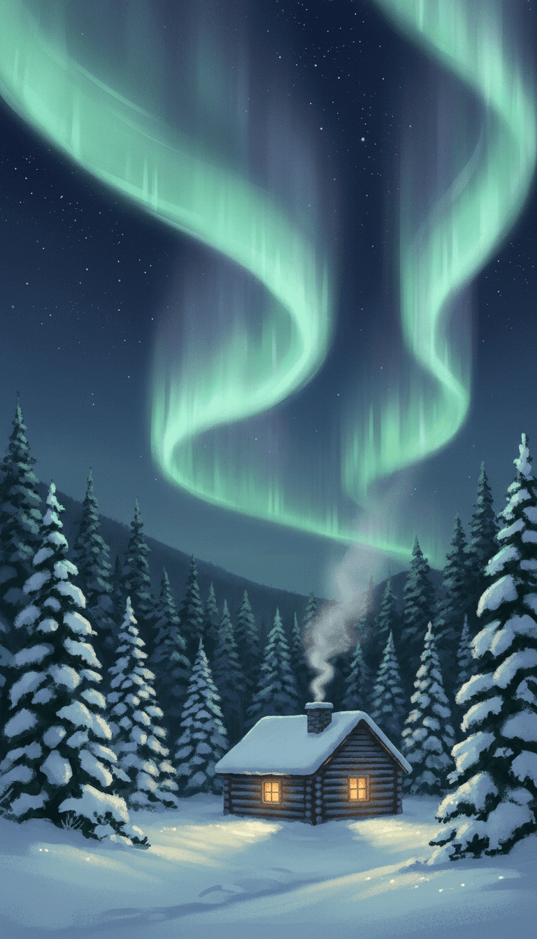 눈 덮인 숲 속에 자리한 외딴 오두막에서 연기가 피어오르고 오로라가 밤하늘을 수놓는 고요한 크리스마스 일러스트.