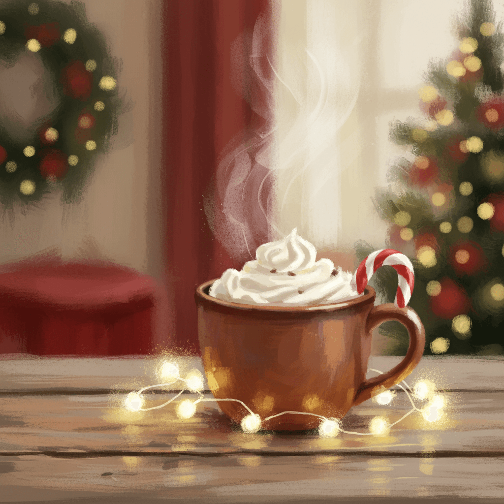 휘핑크림과 지팡이 사탕이 얹힌 따뜻한 코코아 한 잔이 김을 내뿜으며 반짝이는 요정 조명 옆 나무 테이블에 놓인 인상주의 크리스마스 일러스트.