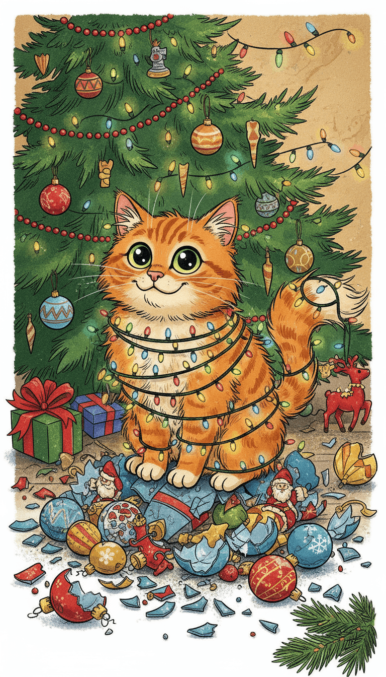 크리스마스 조명에 엉킨 장난기 가득한 고양이의 유머러스한 크리스마스 카툰 일러스트.
